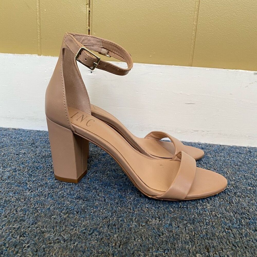 INC International concepts women 7 tan open toe strap 3.5” heel w/ankle buckle
